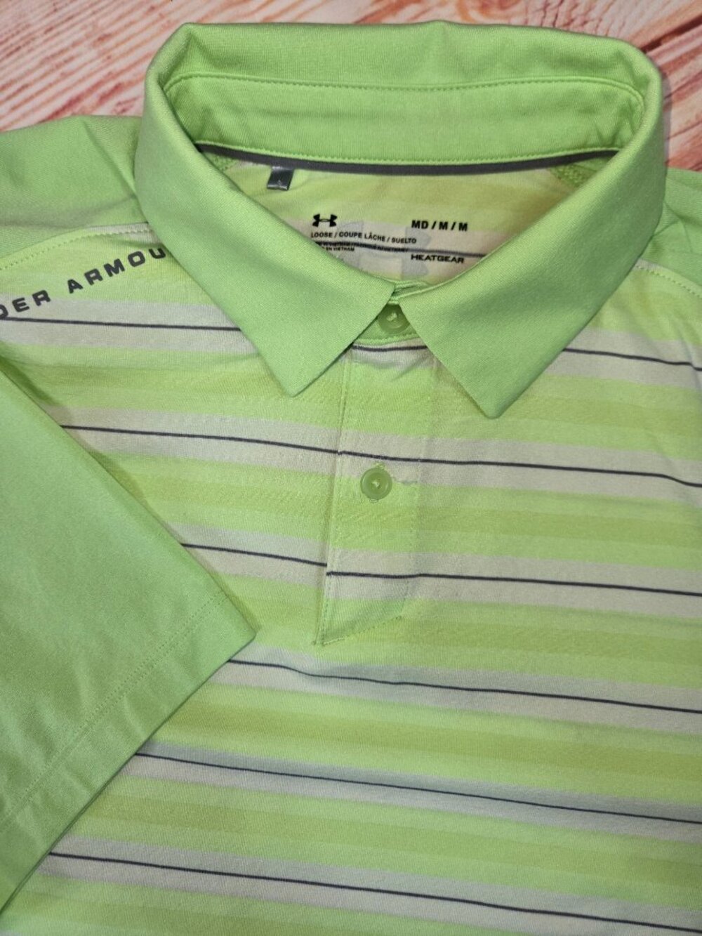 Under Armour HeatGear Green Striped Polo Size Medium